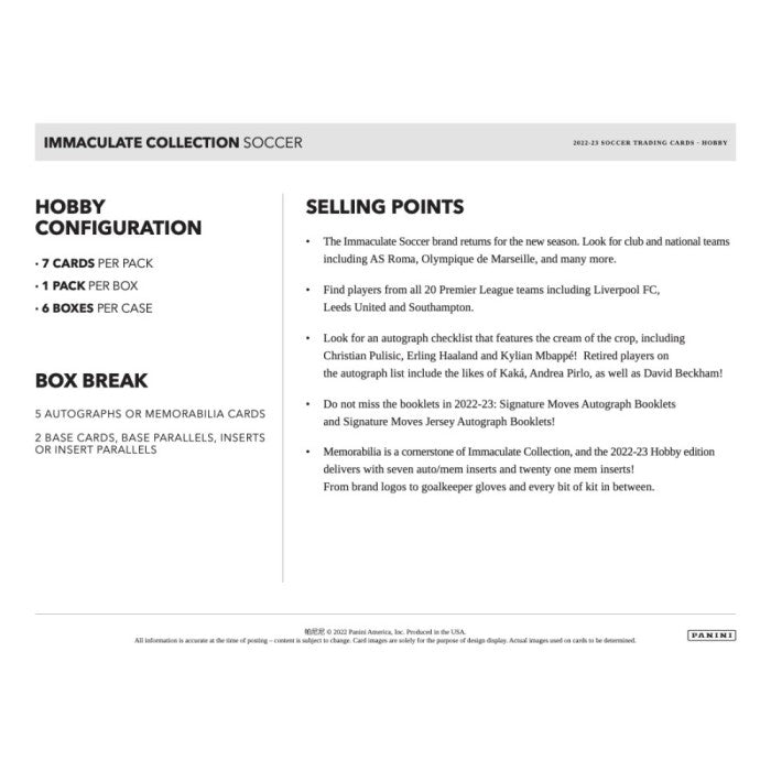 Panini Immaculate Soccer 2022/23 – hobby configuration and product details