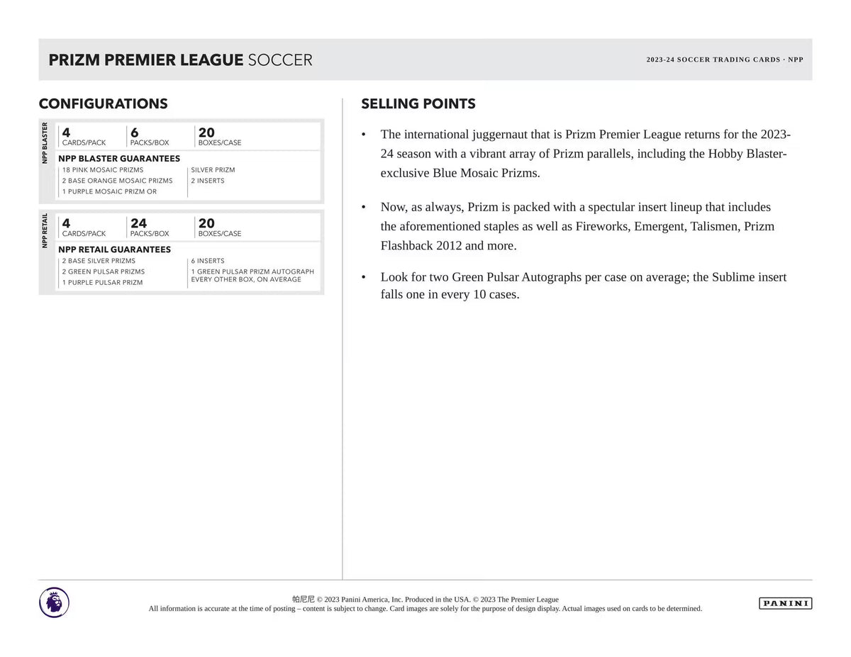 Panini Prizm Premier League Soccer 2023/24 – retail configuration and product details
