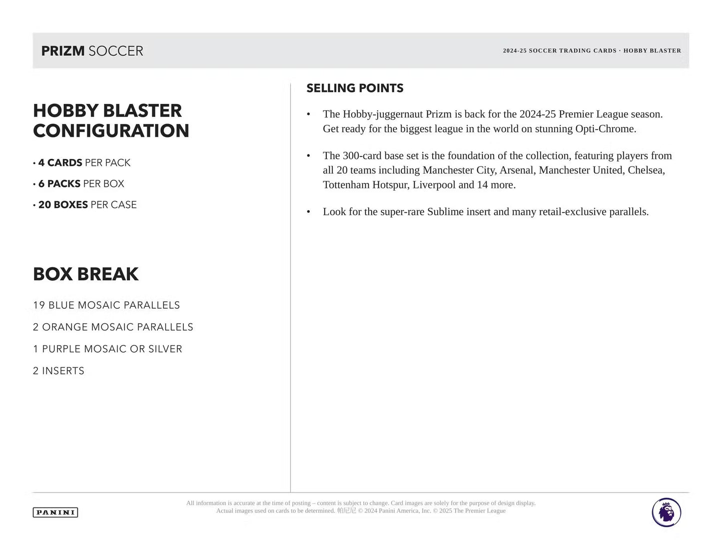 2024/25 Panini Prizm Premier League EPL Soccer 6-Pack Hobby Blaster 20-Box Case