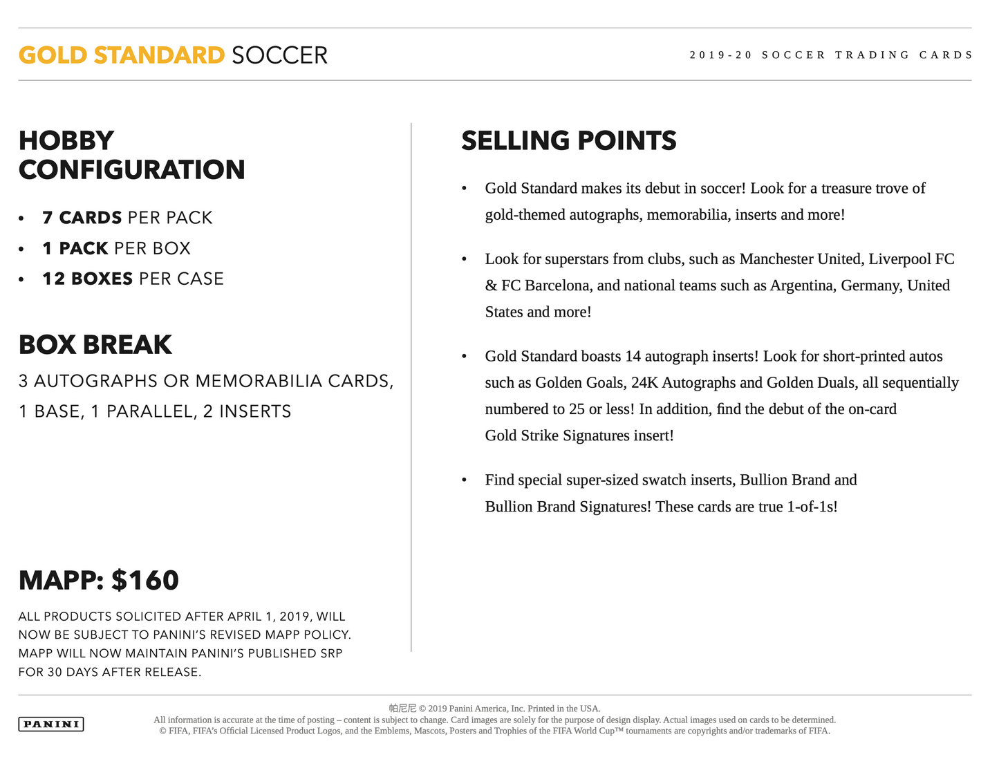 Panini Gold Standard Soccer 2019-20 Sealed Case