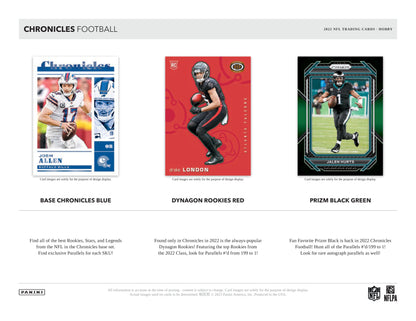 Panini Chronicles NFL Football 2022 Blaster Box — Hobby card-design preview 1 (Hobby examples; contents vary by box format)