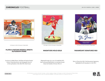Panini Chronicles NFL Football 2022 Blaster Box — Hobby card-design preview 2 (Hobby examples; contents vary by box format)
