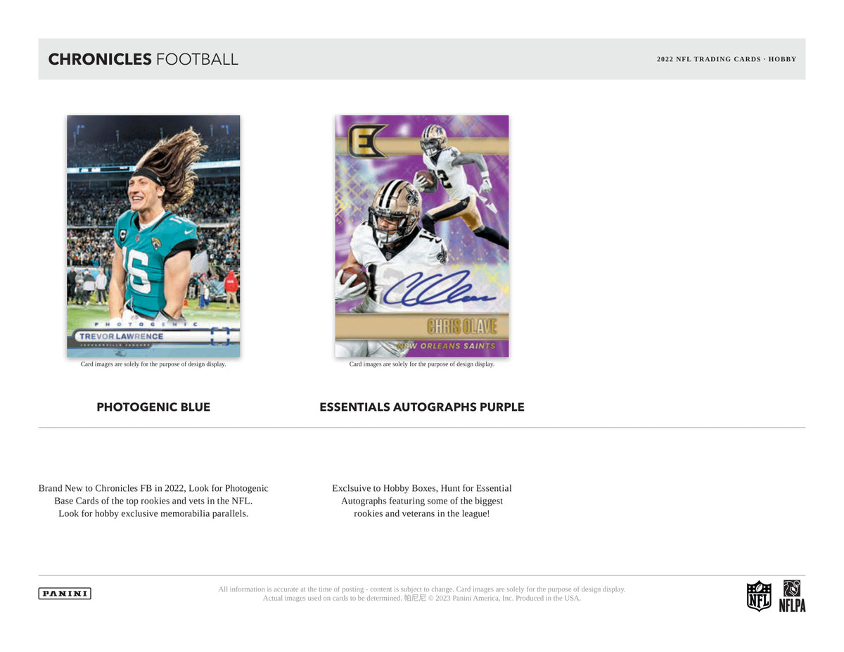 Panini Chronicles NFL Football 2022 Blaster Box — Hobby card-design preview 3 (Hobby examples; contents vary by box format)
