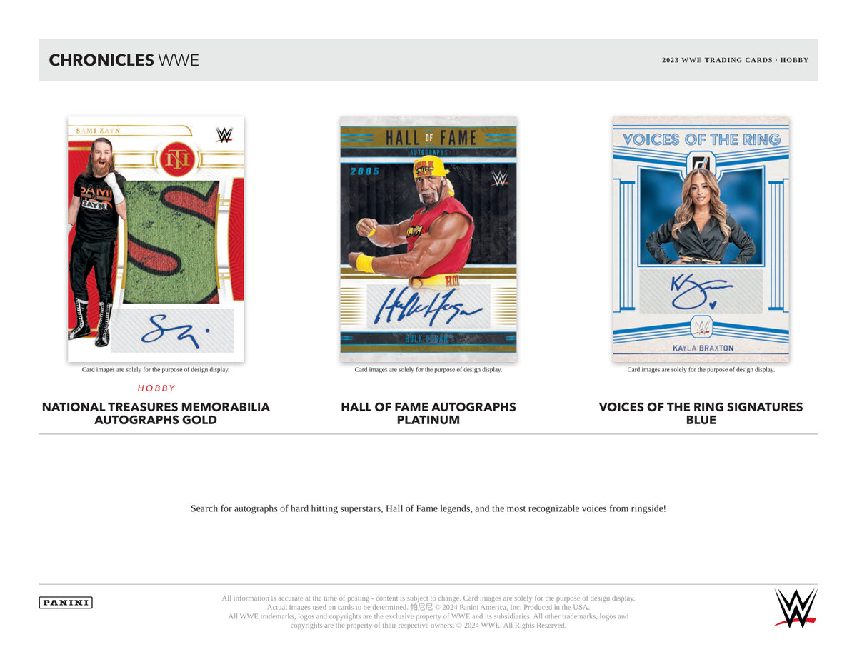 Panini WWE Chronicles 2023 Blaster Box — Hobby card-design preview 2 (Hobby examples; contents vary by box format)