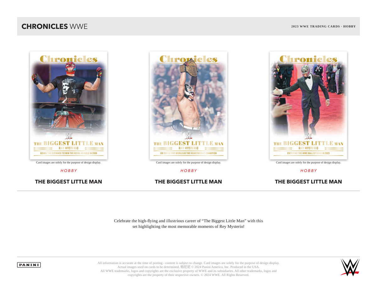 Panini WWE Chronicles 2023 Blaster Box — Hobby card-design preview 3 (Hobby examples; contents vary by box format)