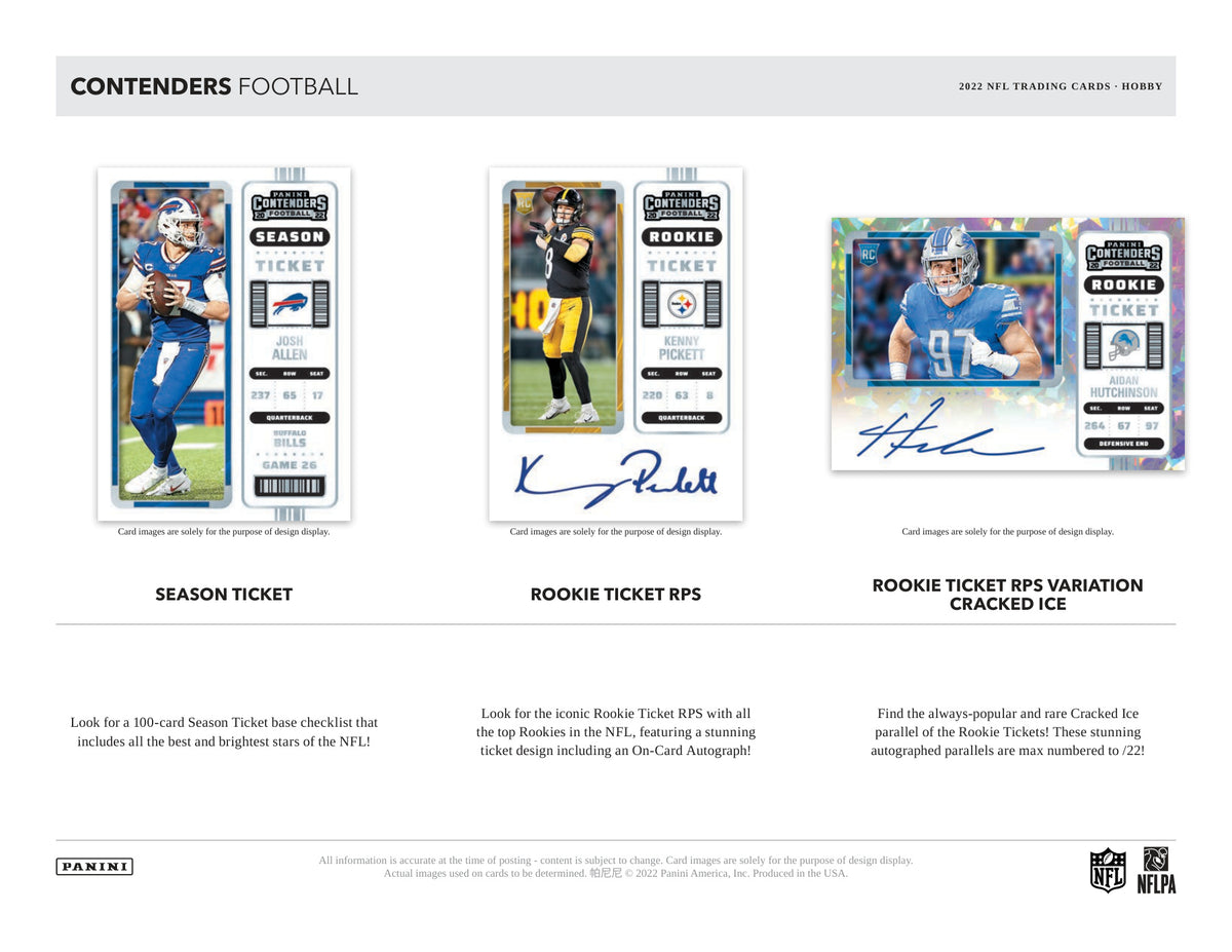 Panini Contenders NFL Football 2022 Blaster Box — Hobby card-design preview 1 (Hobby examples; contents vary by box format)