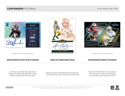 Panini Contenders NFL Football 2022 Blaster Box — Hobby card-design preview 2 (Hobby examples; contents vary by box format)