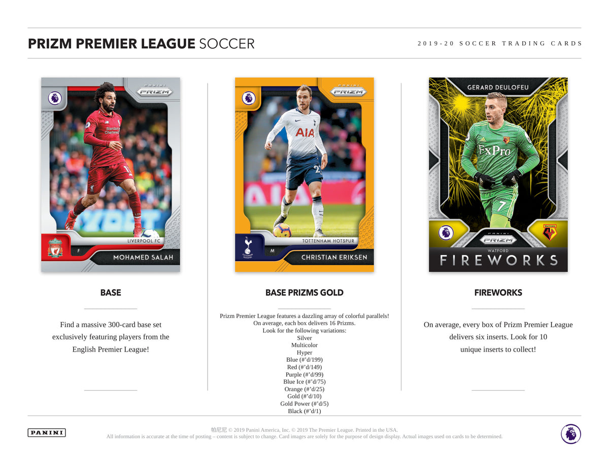 Panini Prizm English Premier League Soccer 2019/20 Fat Pack — Hobby card-design preview 1 (Hobby examples; contents vary by box format)