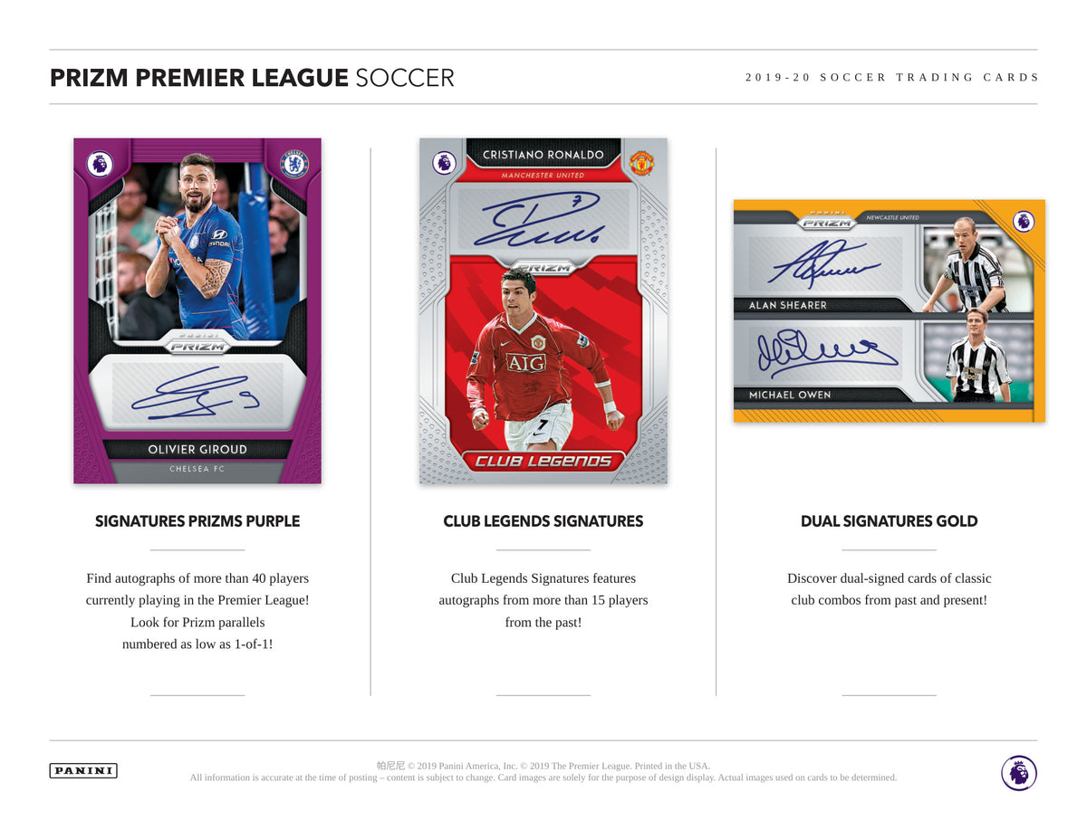 Panini Prizm English Premier League Soccer 2019/20 Fat Pack — Hobby card-design preview 3 (Hobby examples; contents vary by box format)