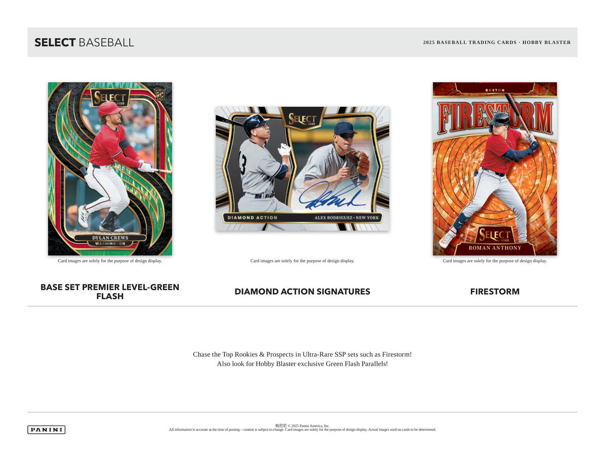 Panini Select Baseball 2025 Blaster Box — Hobby card-design preview 1 (Hobby examples; contents vary by box format)