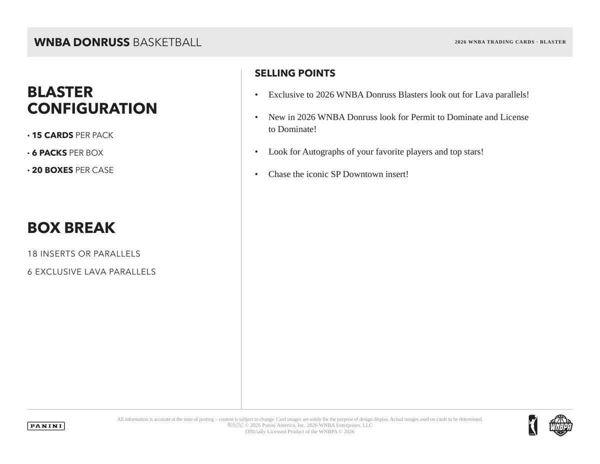 Panini Donruss WNBA Basketball 2026 Blaster Box — GTS sell sheet page 4 (manufacturer preview)