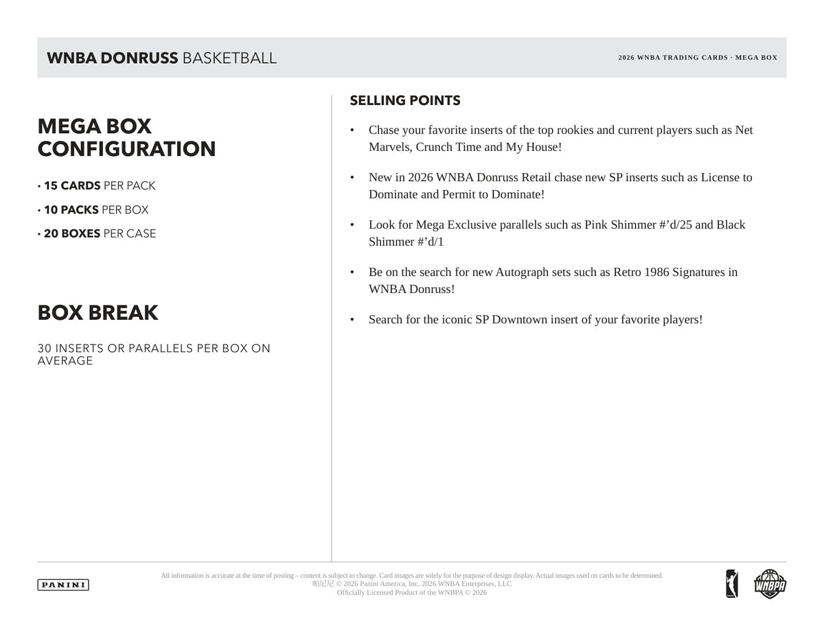 2026 Panini Donruss WNBA Basketball Mega Box — GTS sell sheet page 4 (manufacturer preview)