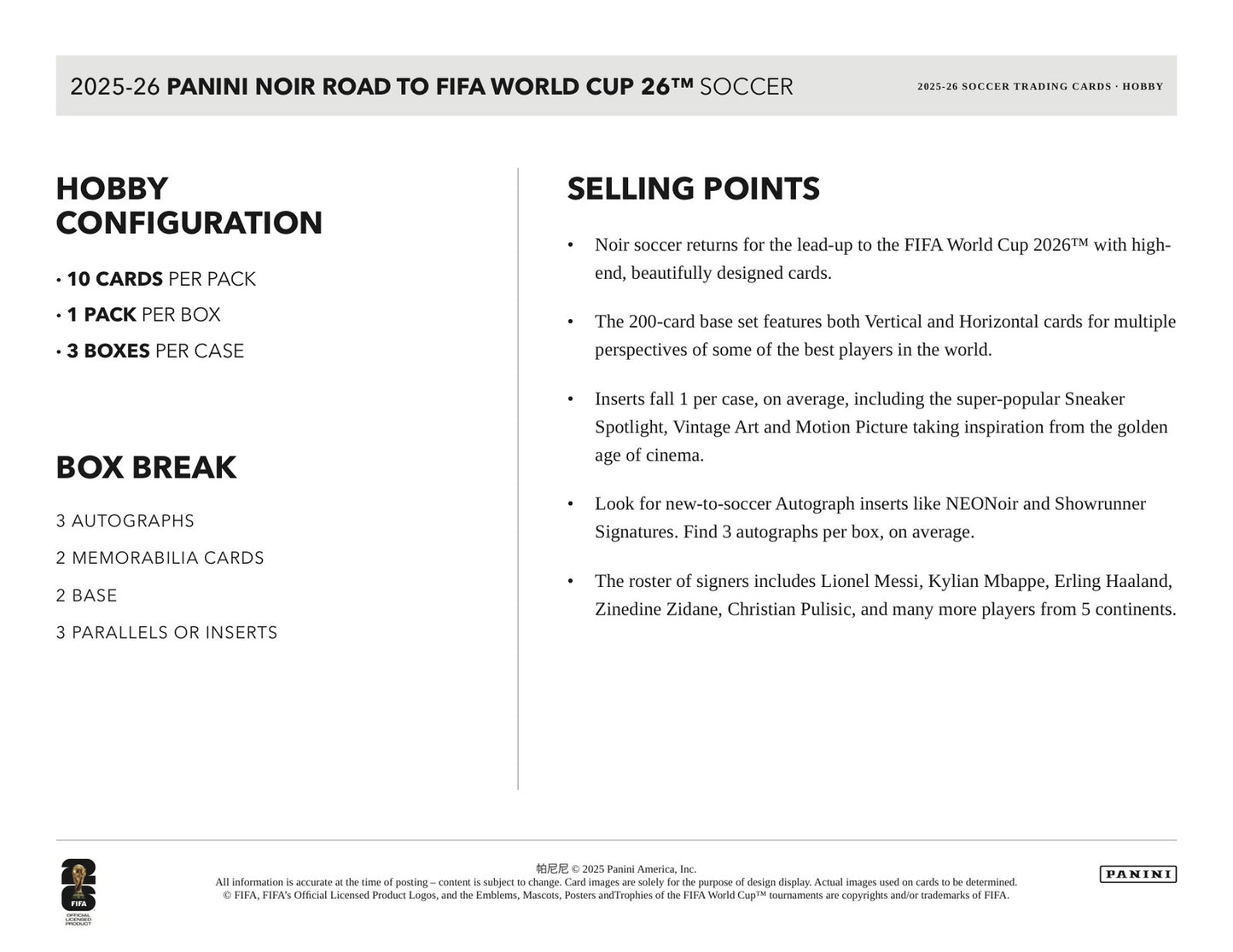 Panini Noir Road to World Cup 2026 2025/26 Hobby Box - Sell Sheet Page 5