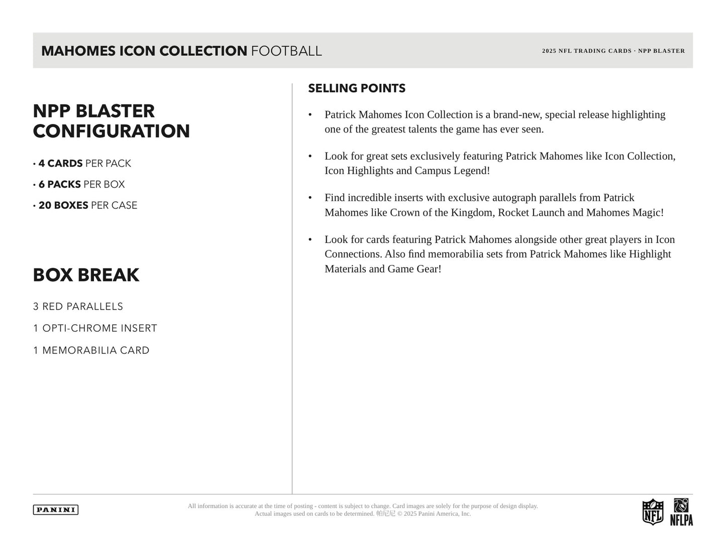 Panini Mahomes Icon Collection NFL 2025 Blaster Box - Sell Sheet Page 5