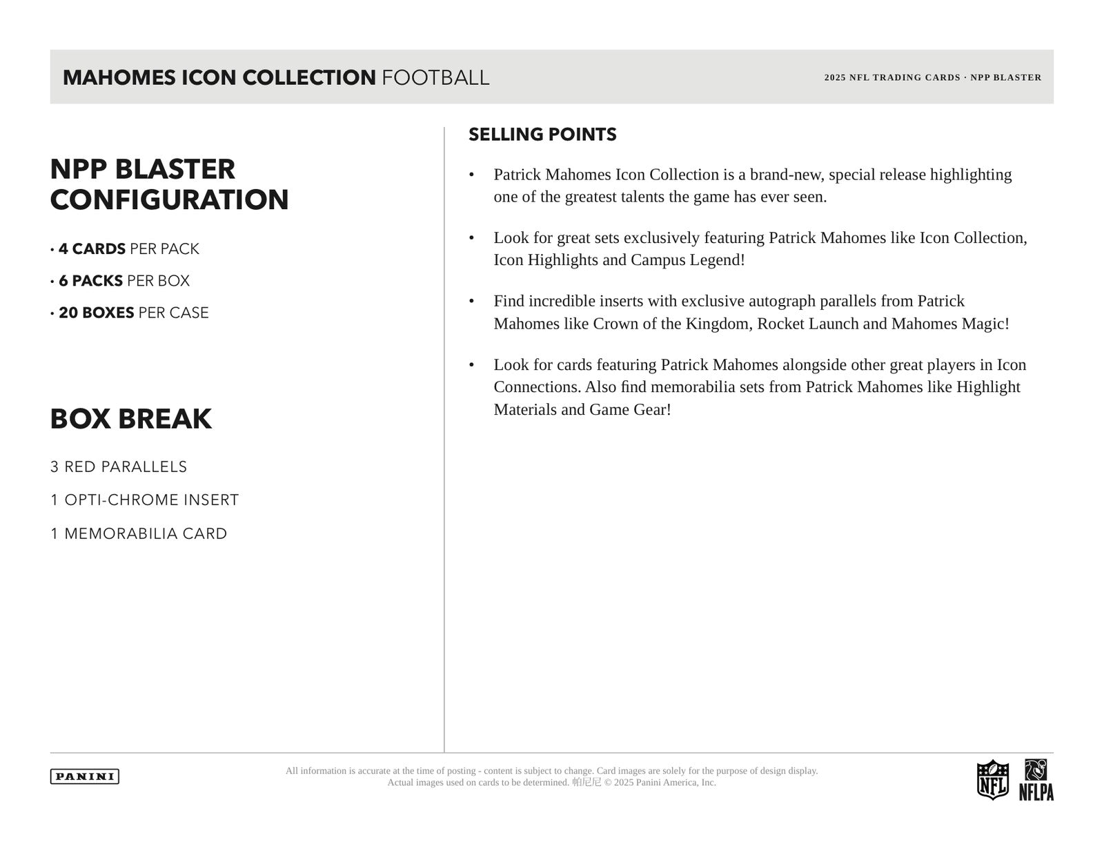 Panini Mahomes Icon Collection NFL 2025 Blaster Box - Sell Sheet Page 5