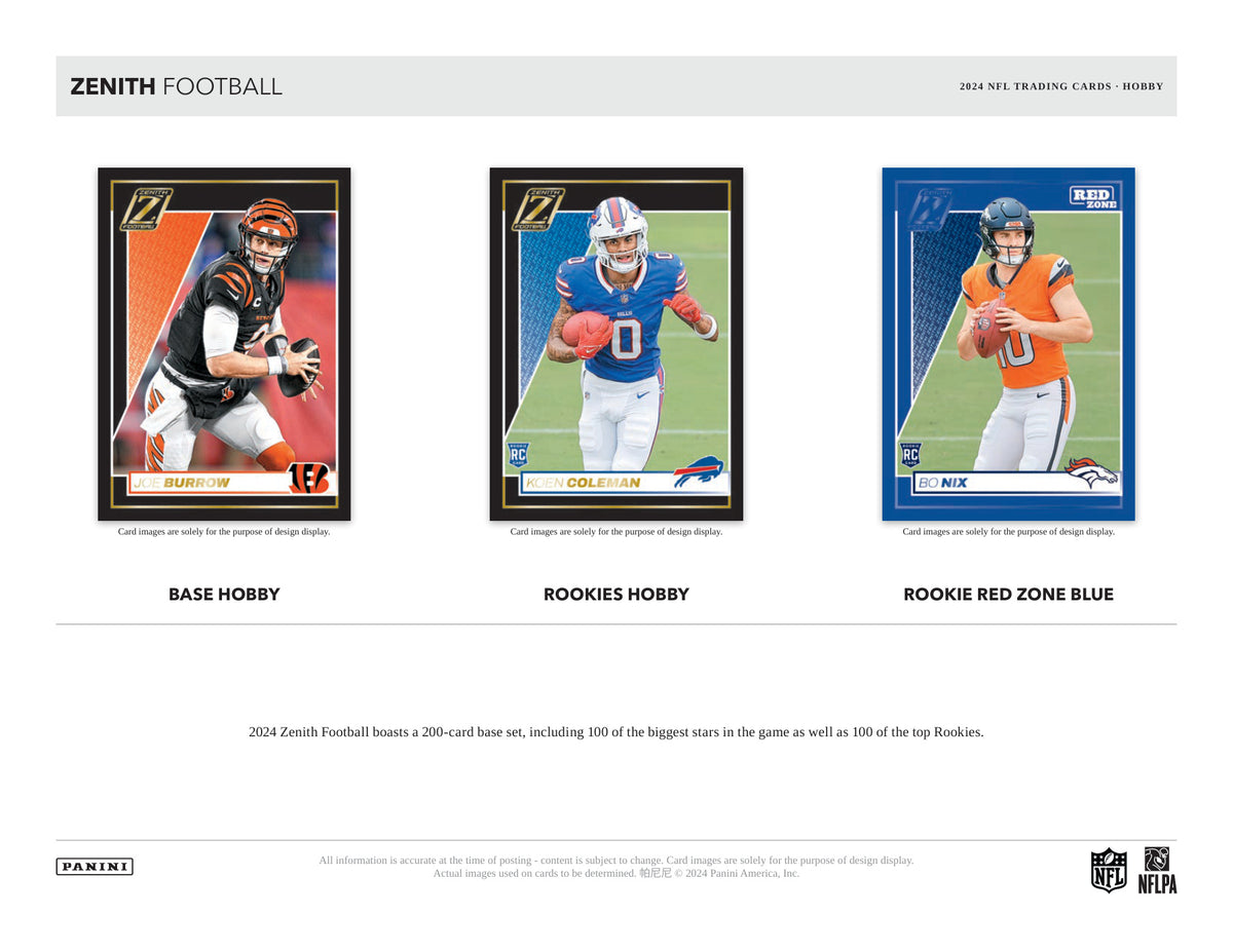 Panini Zenith NFL Football 2024 Blaster Box — Hobby card-design preview 1 (Hobby examples; contents vary by box format)