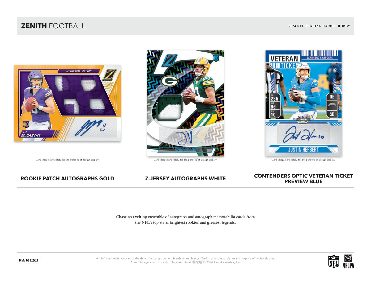 Panini Zenith NFL Football 2024 Blaster Box — Hobby card-design preview 2 (Hobby examples; contents vary by box format)