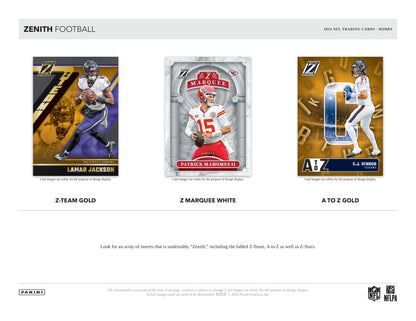 Panini Zenith NFL Football 2024 Blaster Box — Hobby card-design preview 3 (Hobby examples; contents vary by box format)
